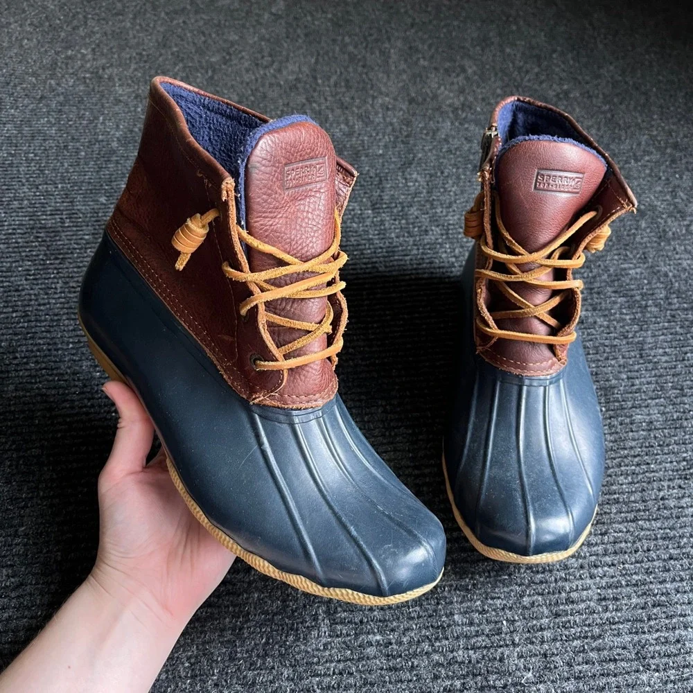 Sperry Saltwater Duck Boot Womens 9.5 Navy Brown Leather Waterproof  rain winter